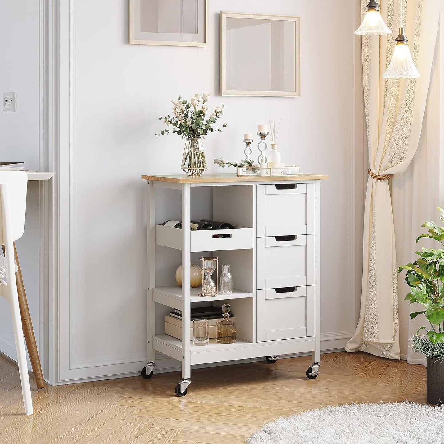 Versatile White Kitchen Island Cart on Wheels with Solid Wood Top and Ample Storage - Perfect for Dining and Entertaining