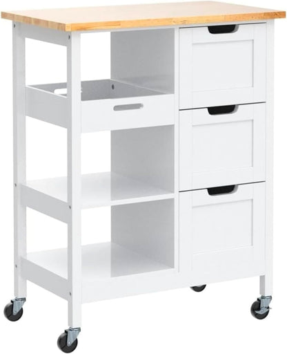 Versatile White Kitchen Island Cart on Wheels with Solid Wood Top and Ample Storage - Perfect for Dining and Entertaining