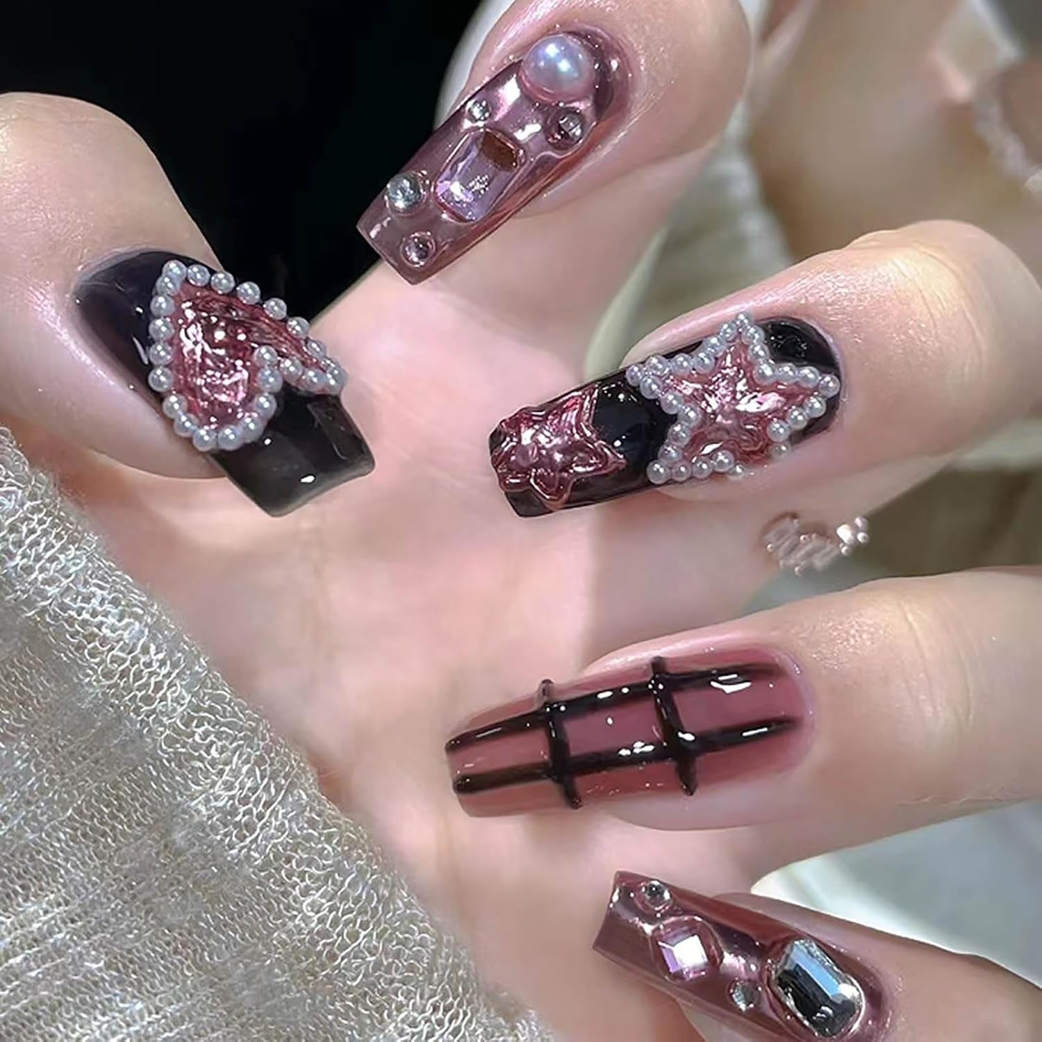 Long Press on Nails Navy Blue Coffin Fake Nails French Marble False Nails with Glitter Designs Rhinestones Glue on Nail Matte Stick on Artificial Nails for Women 24Pcs