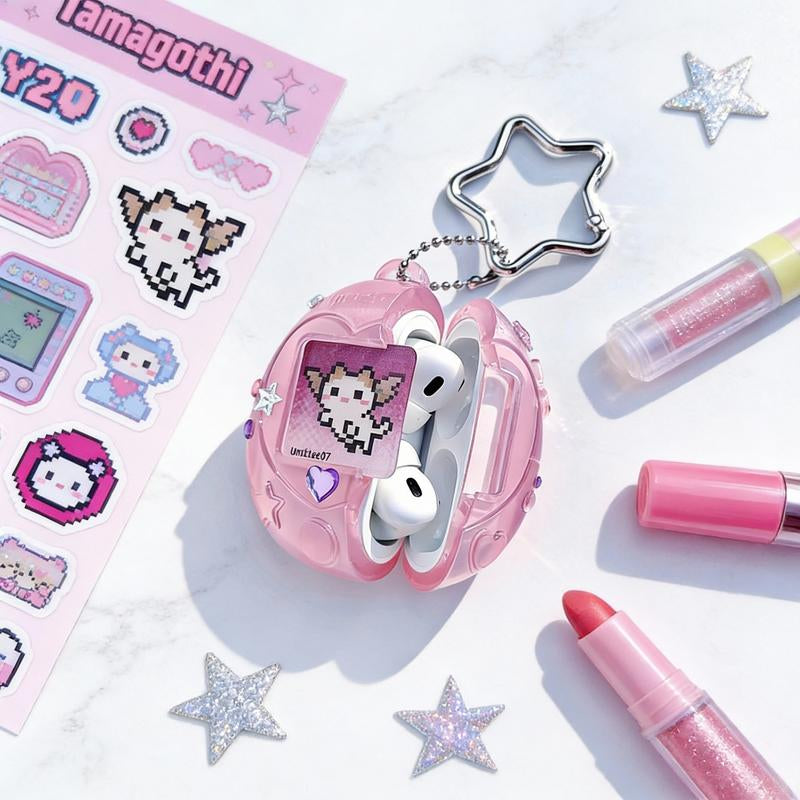 Charming Vintage Tamagotchi AirPods Case in Pink, Purple, and Silver with Star Keychain - A Fun and Durable Gift for Any Occasion!