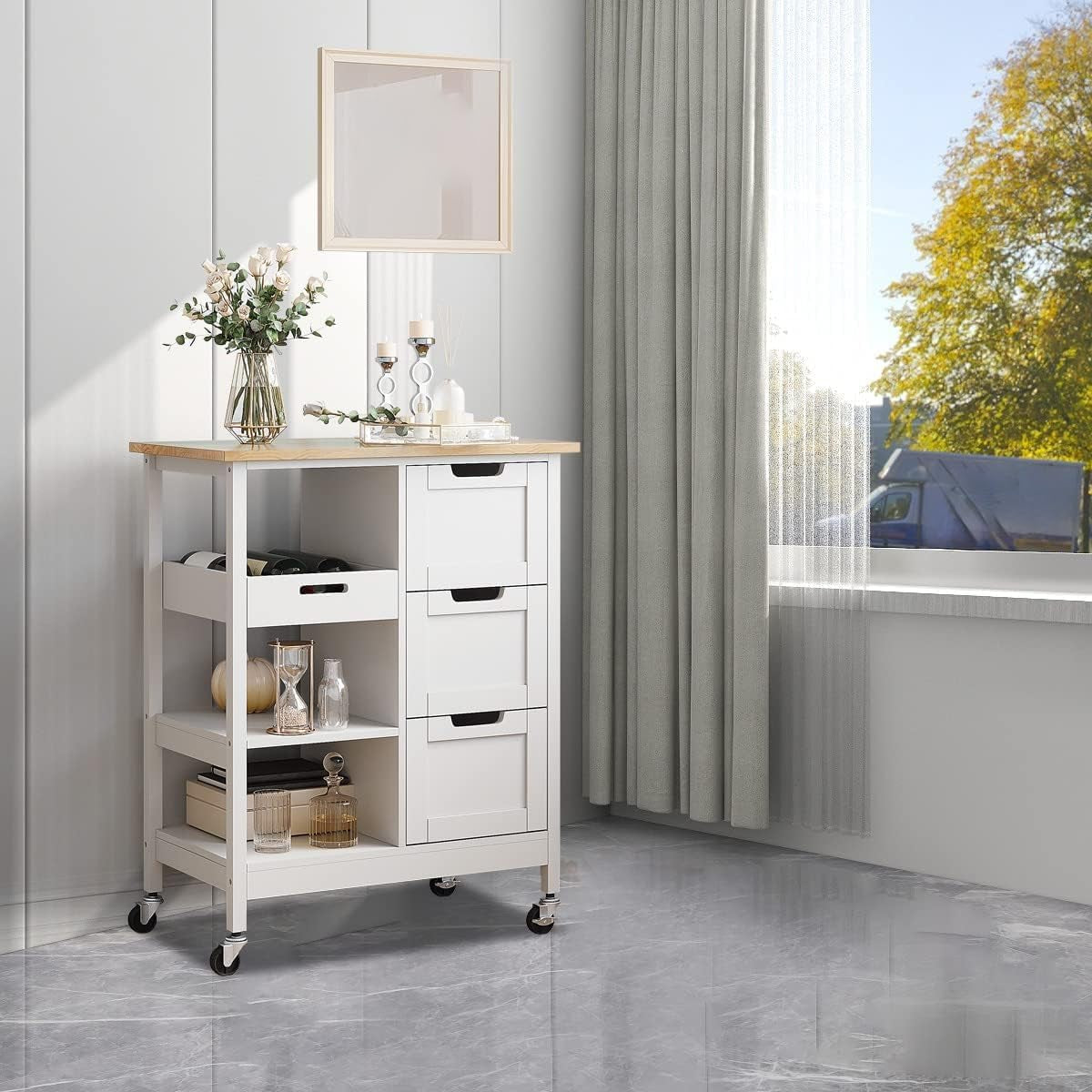 Versatile White Kitchen Island Cart on Wheels with Solid Wood Top and Ample Storage - Perfect for Dining and Entertaining