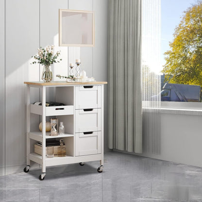 Versatile White Kitchen Island Cart on Wheels with Solid Wood Top and Ample Storage - Perfect for Dining and Entertaining