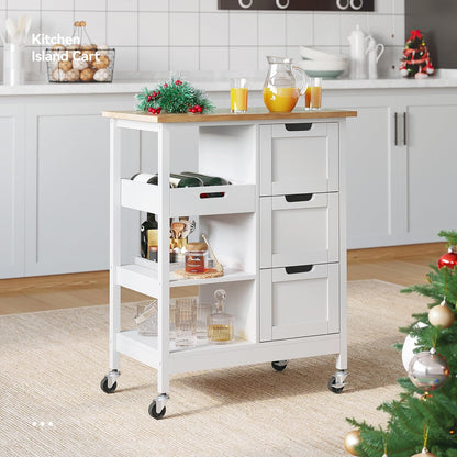 Versatile White Kitchen Island Cart on Wheels with Solid Wood Top and Ample Storage - Perfect for Dining and Entertaining