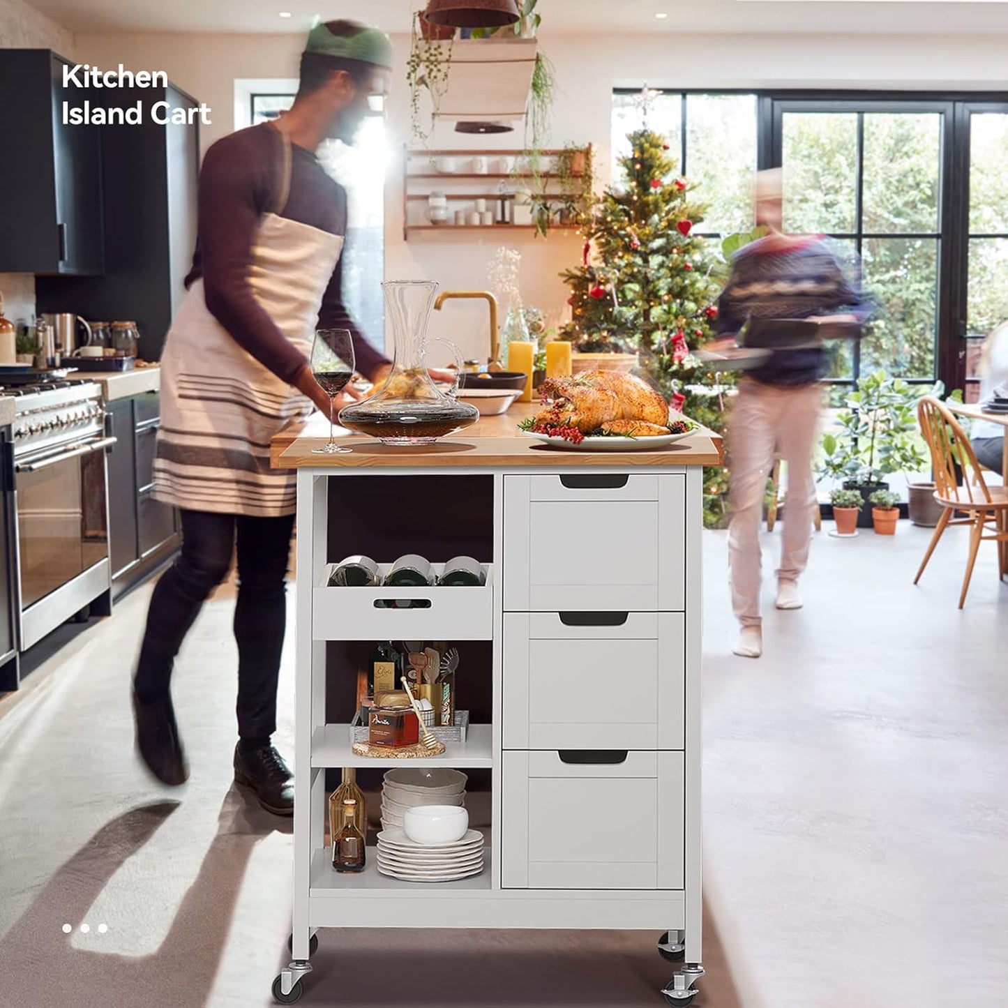 Versatile White Kitchen Island Cart on Wheels with Solid Wood Top and Ample Storage - Perfect for Dining and Entertaining