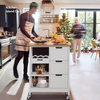 Versatile White Kitchen Island Cart on Wheels with Solid Wood Top and Ample Storage - Perfect for Dining and Entertaining