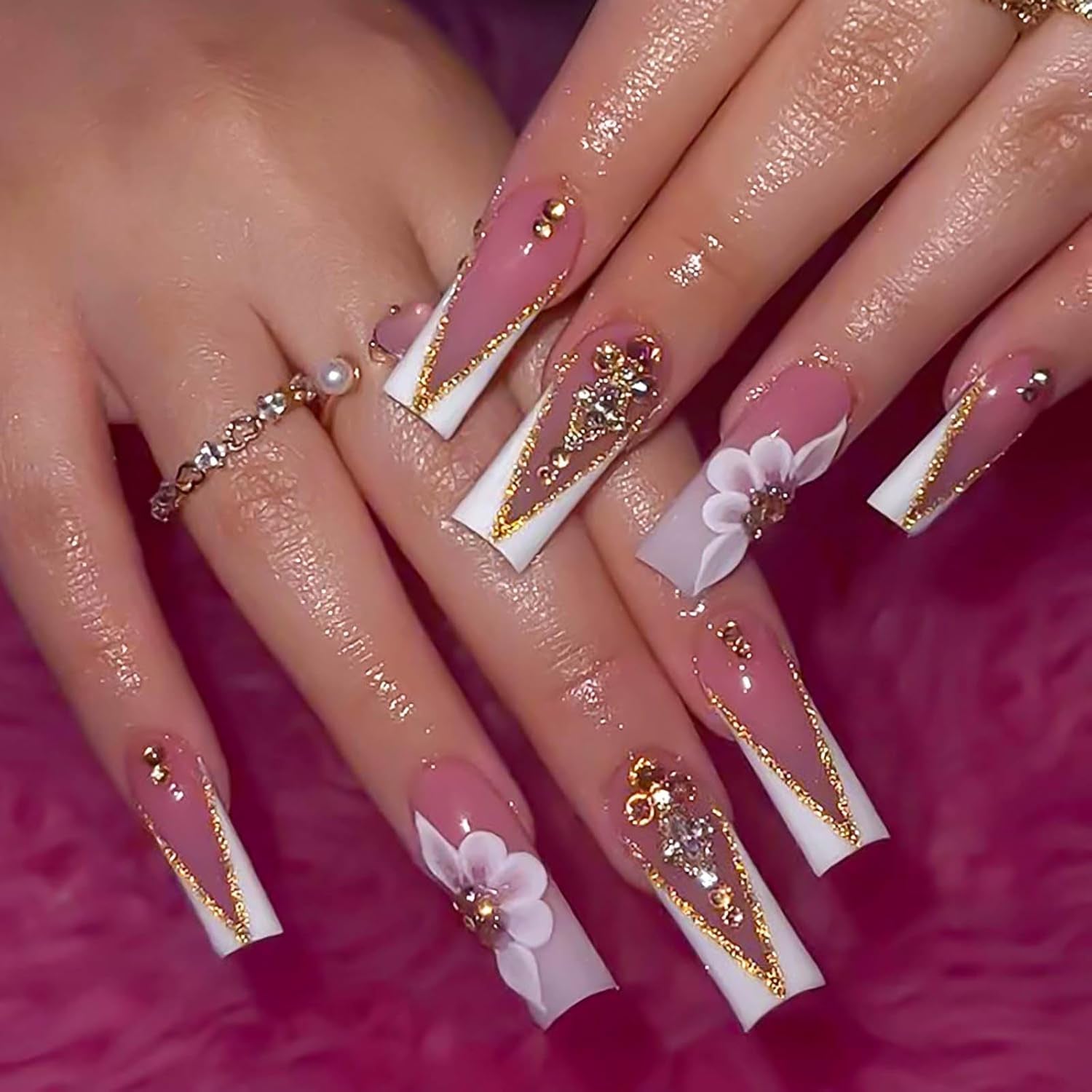 Long Press on Nails Navy Blue Coffin Fake Nails French Marble False Nails with Glitter Designs Rhinestones Glue on Nail Matte Stick on Artificial Nails for Women 24Pcs