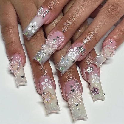Long Press on Nails Navy Blue Coffin Fake Nails French Marble False Nails with Glitter Designs Rhinestones Glue on Nail Matte Stick on Artificial Nails for Women 24Pcs