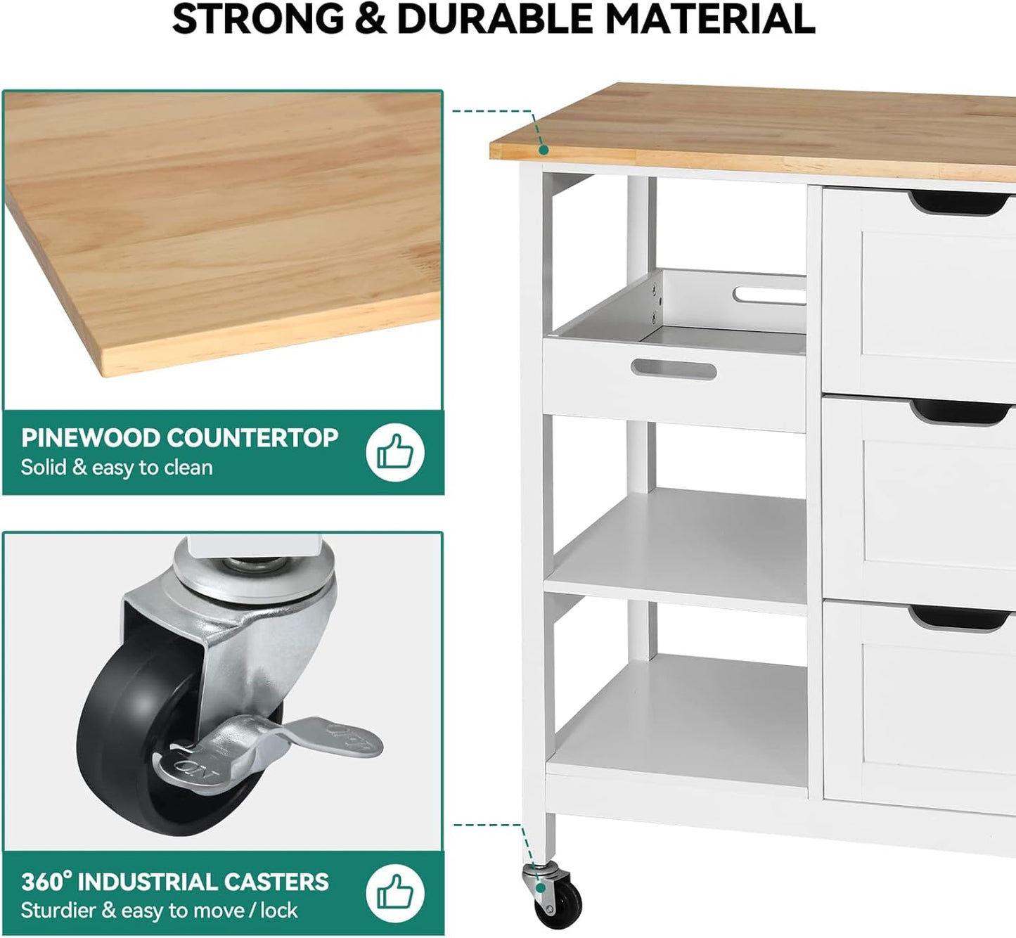 Versatile White Kitchen Island Cart on Wheels with Solid Wood Top and Ample Storage - Perfect for Dining and Entertaining
