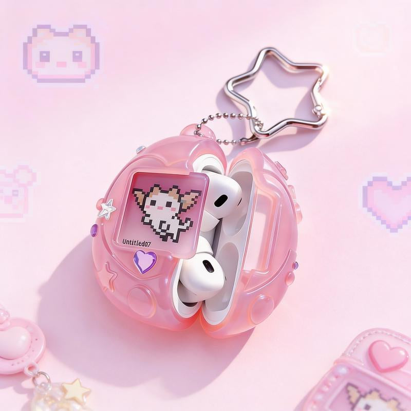 Charming Vintage Tamagotchi AirPods Case in Pink, Purple, and Silver with Star Keychain - A Fun and Durable Gift for Any Occasion!