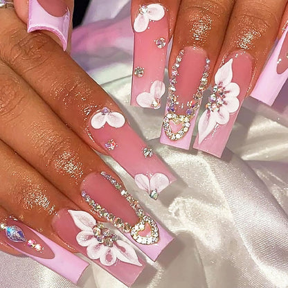 Long Press on Nails Navy Blue Coffin Fake Nails French Marble False Nails with Glitter Designs Rhinestones Glue on Nail Matte Stick on Artificial Nails for Women 24Pcs