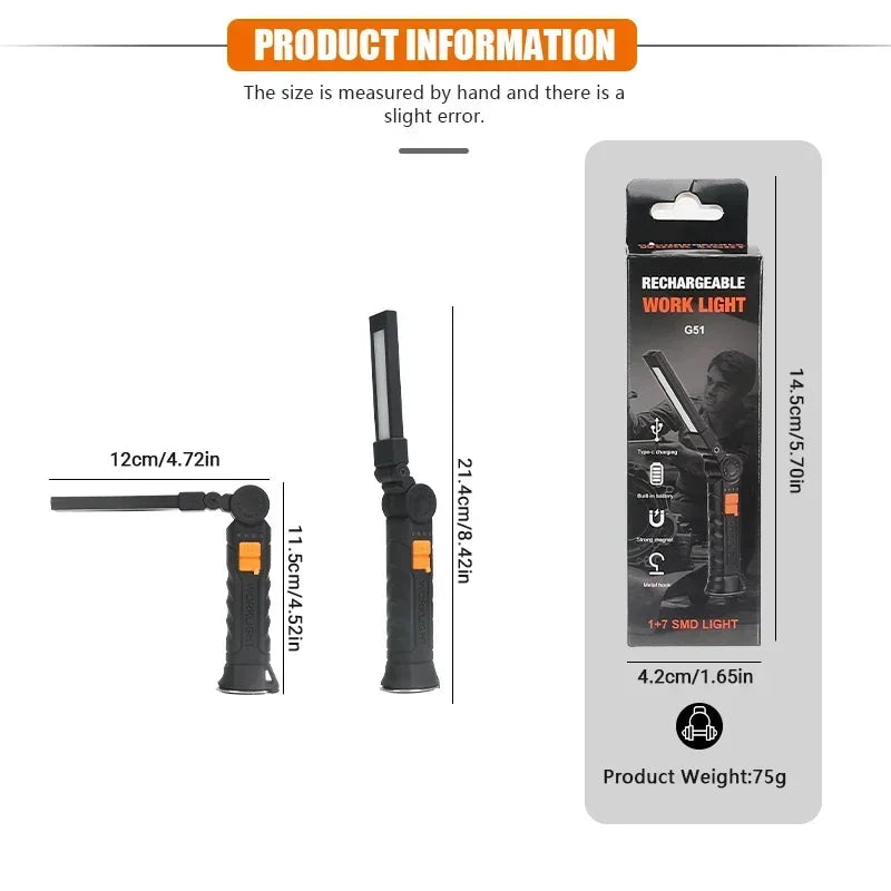 Illuminate Your Adventures with the 1-3PCS Rechargeable COB Work Light - Magnetic Base & 360° Rotation for Ultimate Convenience!