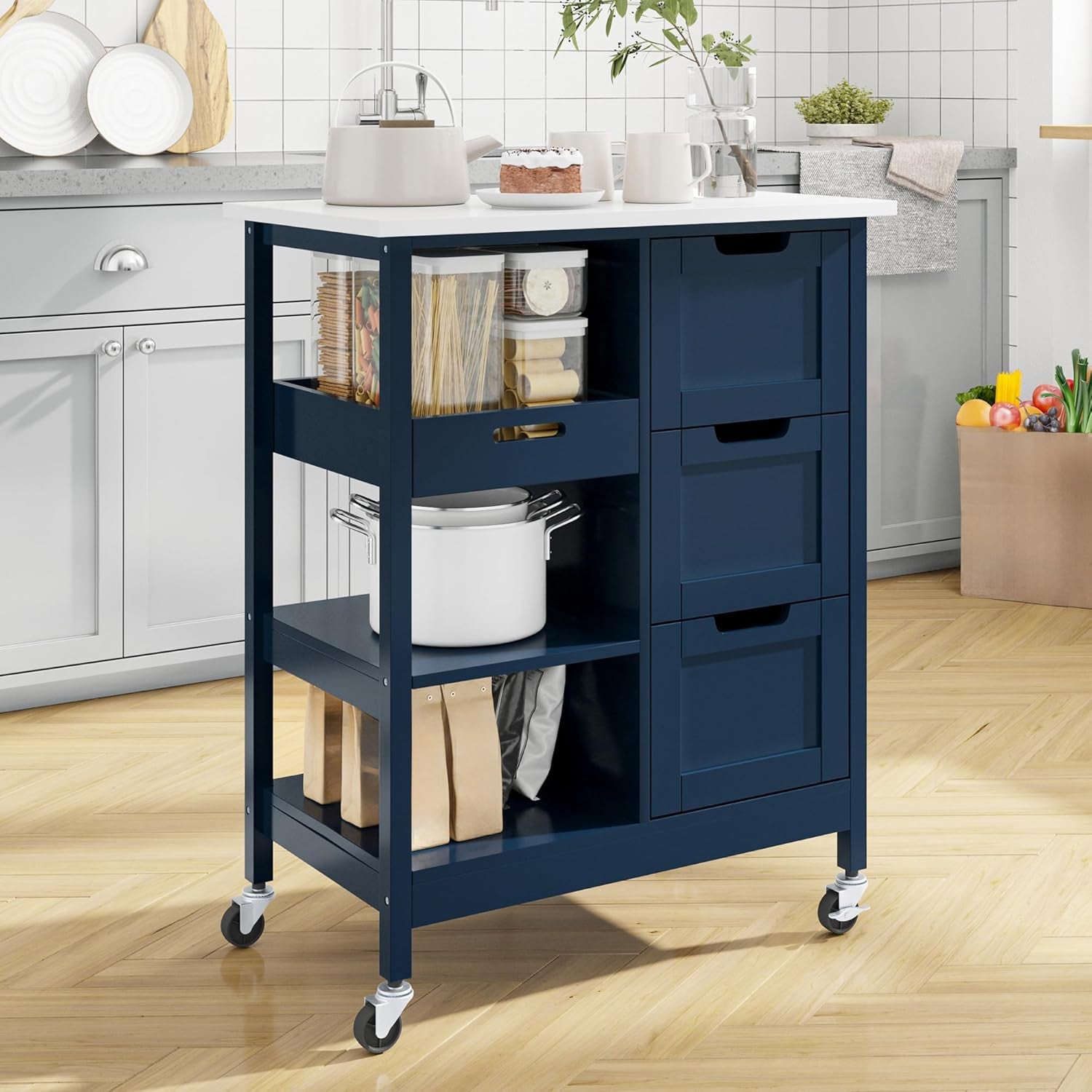 Versatile White Kitchen Island Cart on Wheels with Solid Wood Top and Ample Storage - Perfect for Dining and Entertaining