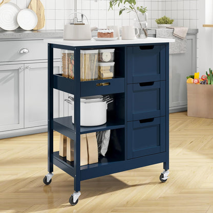 Versatile White Kitchen Island Cart on Wheels with Solid Wood Top and Ample Storage - Perfect for Dining and Entertaining