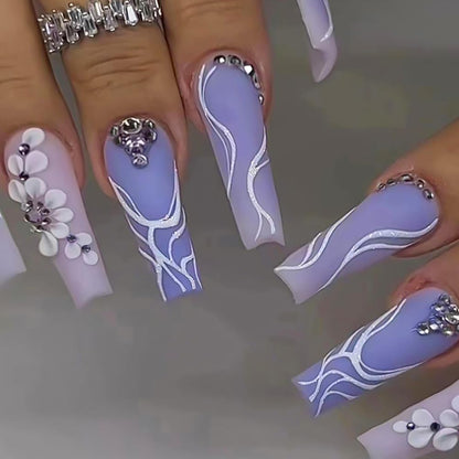 Long Press on Nails Navy Blue Coffin Fake Nails French Marble False Nails with Glitter Designs Rhinestones Glue on Nail Matte Stick on Artificial Nails for Women 24Pcs