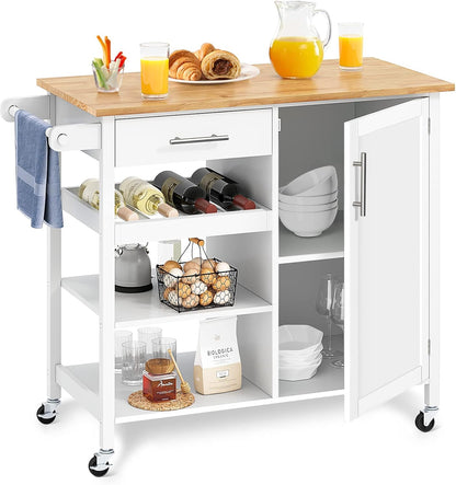 Versatile White Kitchen Island Cart on Wheels with Solid Wood Top and Ample Storage - Perfect for Dining and Entertaining