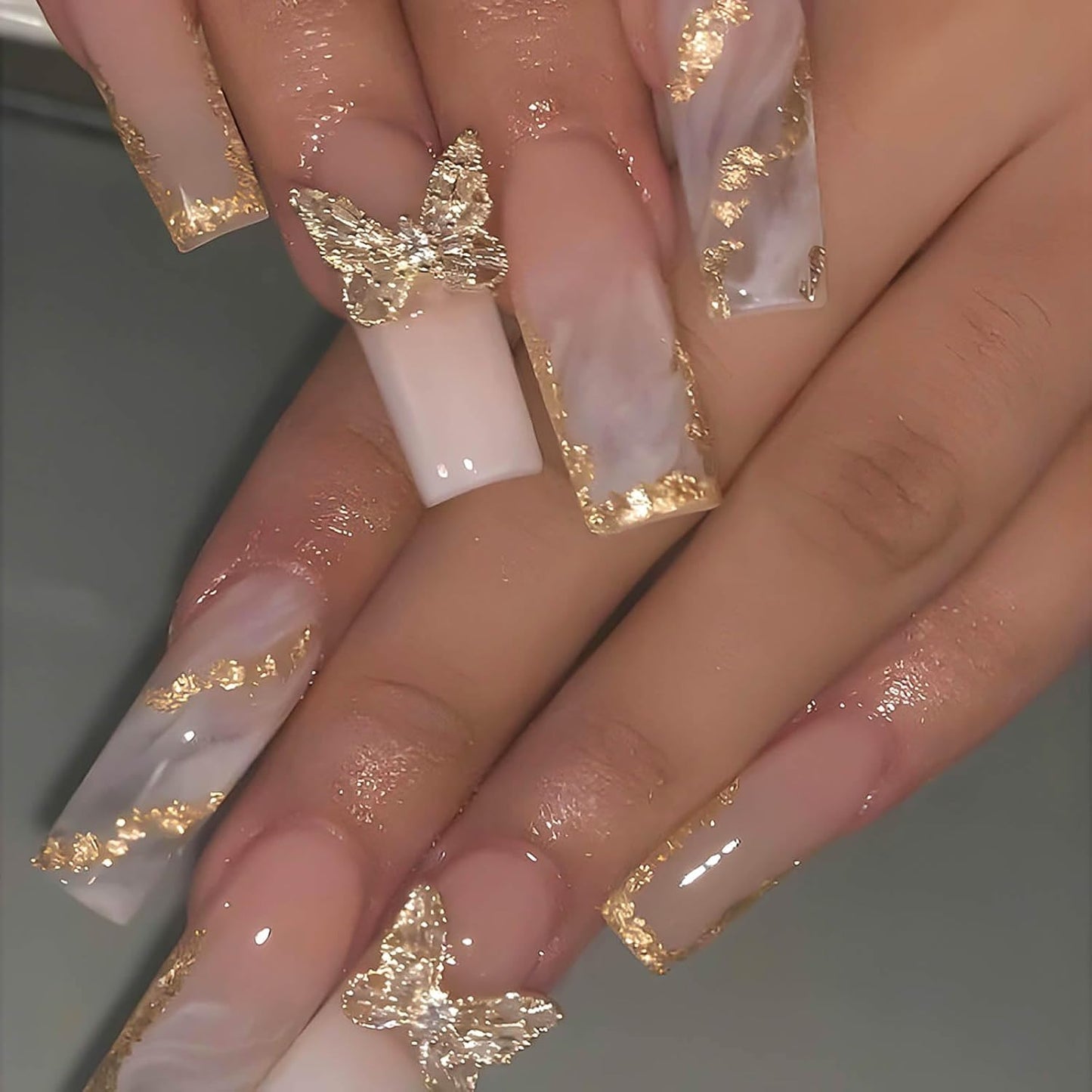 Long Press on Nails Navy Blue Coffin Fake Nails French Marble False Nails with Glitter Designs Rhinestones Glue on Nail Matte Stick on Artificial Nails for Women 24Pcs