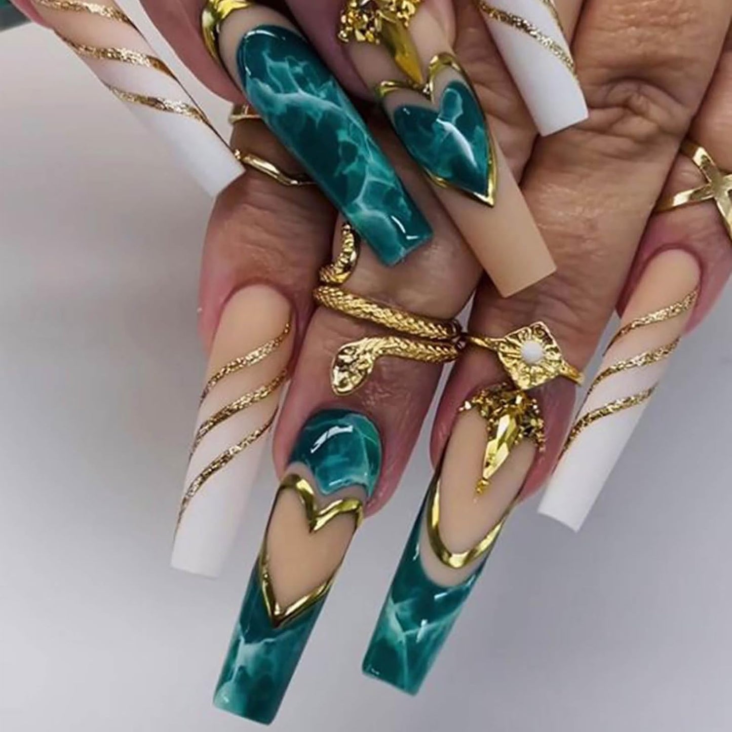 Long Press on Nails Navy Blue Coffin Fake Nails French Marble False Nails with Glitter Designs Rhinestones Glue on Nail Matte Stick on Artificial Nails for Women 24Pcs