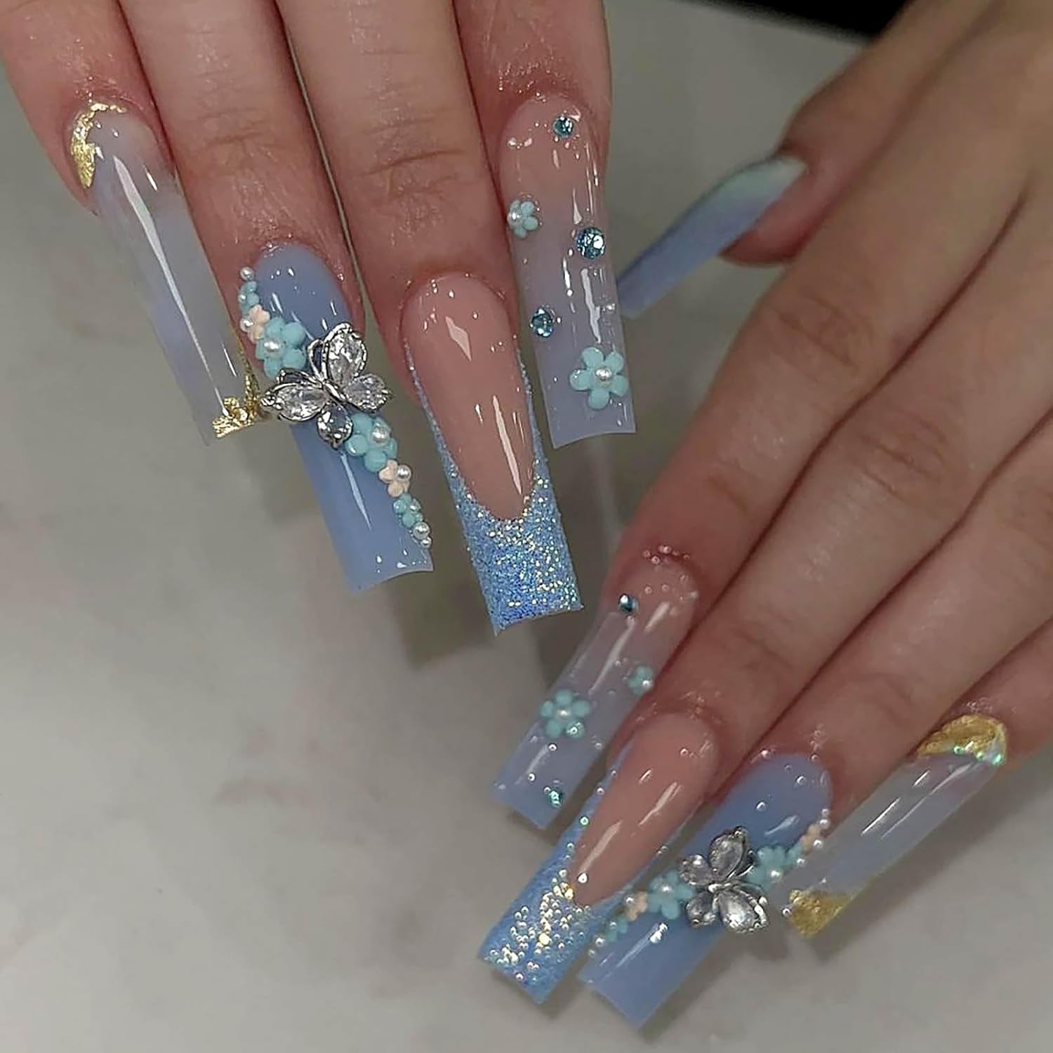 Long Press on Nails Navy Blue Coffin Fake Nails French Marble False Nails with Glitter Designs Rhinestones Glue on Nail Matte Stick on Artificial Nails for Women 24Pcs