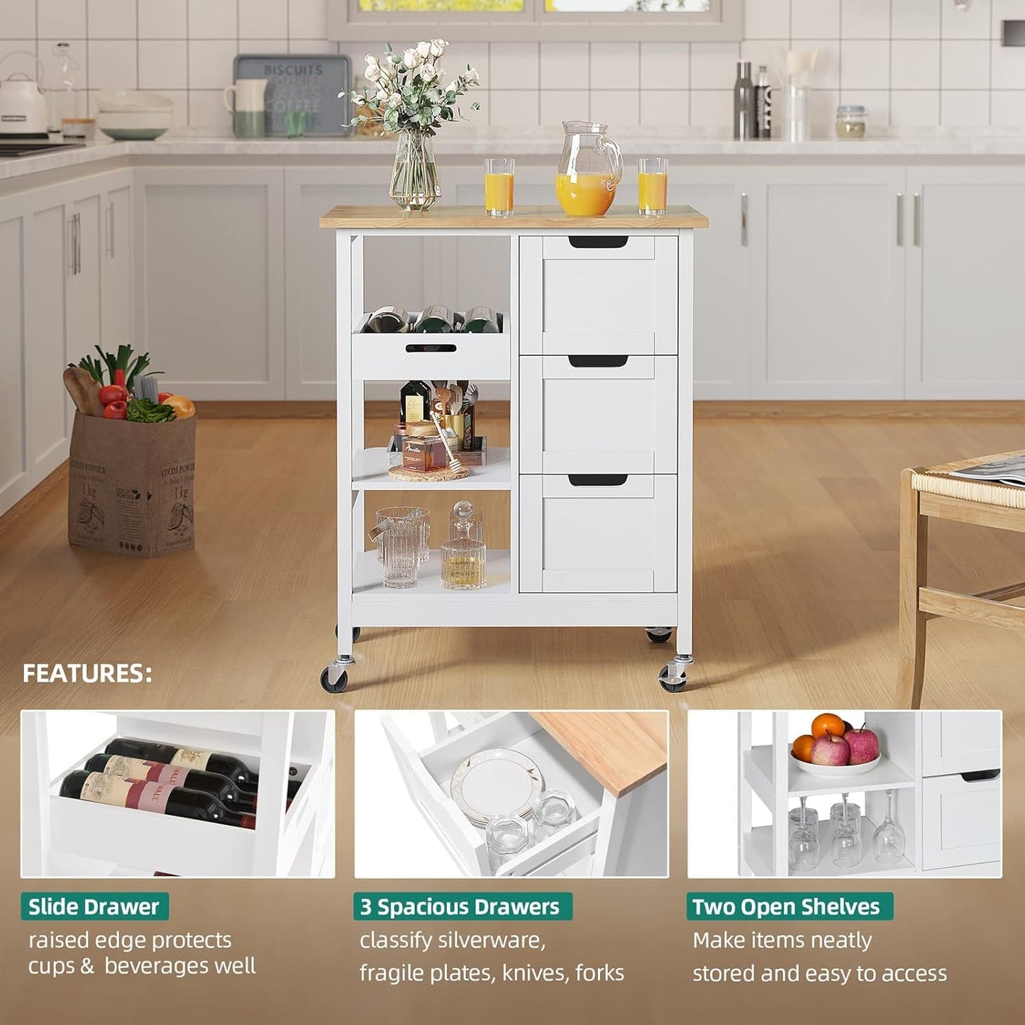Versatile White Kitchen Island Cart on Wheels with Solid Wood Top and Ample Storage - Perfect for Dining and Entertaining