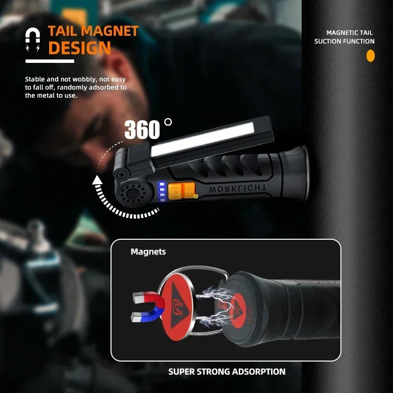 Illuminate Your Adventures with the 1-3PCS Rechargeable COB Work Light - Magnetic Base & 360° Rotation for Ultimate Convenience!
