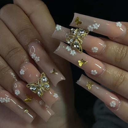 Long Press on Nails Navy Blue Coffin Fake Nails French Marble False Nails with Glitter Designs Rhinestones Glue on Nail Matte Stick on Artificial Nails for Women 24Pcs