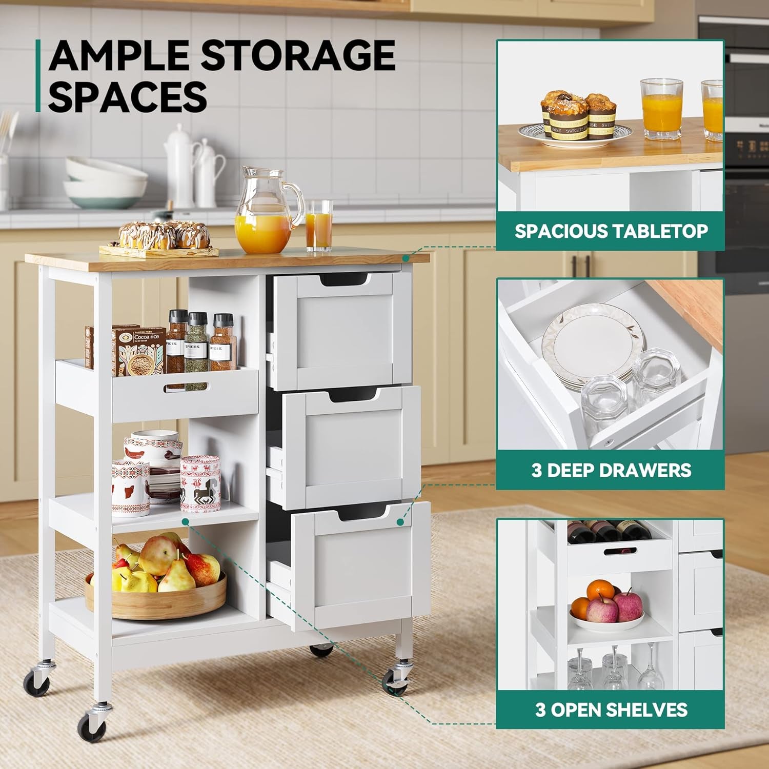 Versatile White Kitchen Island Cart on Wheels with Solid Wood Top and Ample Storage - Perfect for Dining and Entertaining