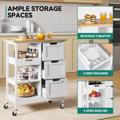 Versatile White Kitchen Island Cart on Wheels with Solid Wood Top and Ample Storage - Perfect for Dining and Entertaining